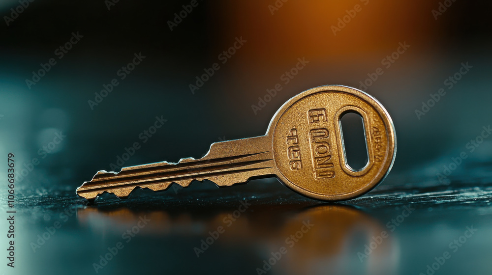 Poster close up macro photograph of minimalist key resting on reflective surface, showcasing its intricate 