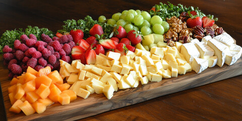 A colorful arrangement of assorted cheeses, fruits, and nuts on a wooden charcuterie board, perfect for entertaining
