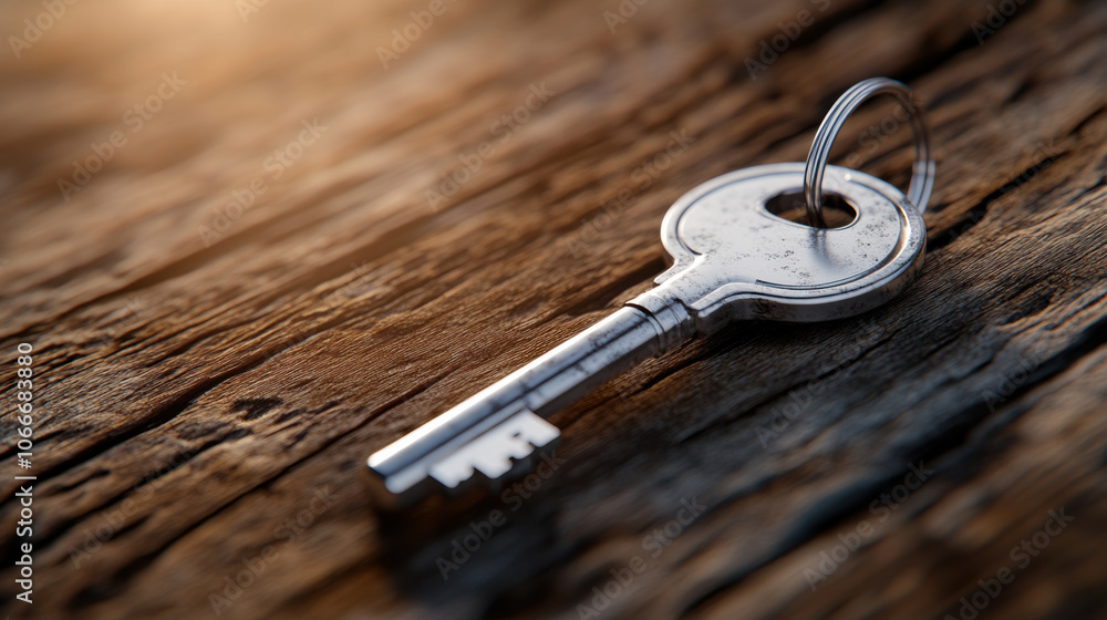 Poster close up macro photograph of silver key resting on rustic wooden surface, showcasing intricate detai