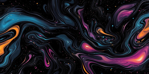 A cosmic-themed abstract background featuring deep blacks and swirling colors like magenta and blue, creating a starry effect