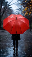 Obraz premium A Solitary Figure Walking Through the Rain with a Red Umbrella