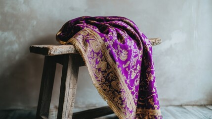 A close-up of a bright purple Banarasi sari with intricate gold threads, artfully arranged on a rustic wooden display stand against a soft beige backdrop