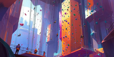 A vibrant indoor rock climbing gym with climbers tackling colorful walls, showcasing strength and adventure