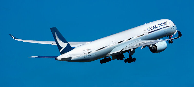 airplane Cathay Pacific takeoff from airport
