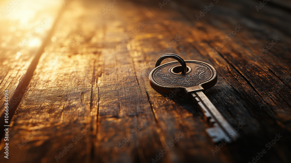 Poster close up macro photograph of vintage key resting on wooden surface, illuminated by warm sunlight, cr