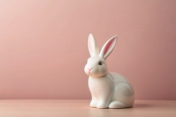 Obraz premium Minimalistic Easter Card Design with White Ceramic Bunny on Blush Pink Background for Spring Celebrations
