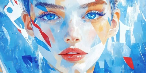 Abstract portrait with blue colors. Female face illustration, blue eyes, colorful art. Modern art design, vibrant expression, imaginative and stylish for creative projects.