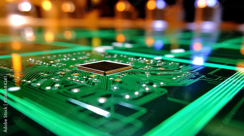 Poster close-up view of a microchip on a printed circuit board illuminated by colorful lights