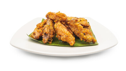 Fried chicken on white plate with white background, asia food, unhealthy food
