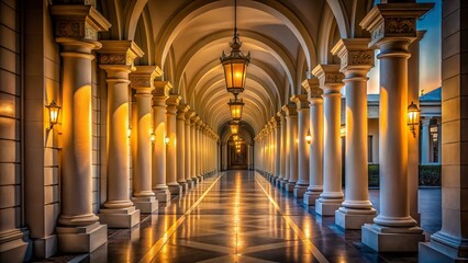 Captivating Night Photography of a White Corridor with Sunlight Streaming Through Columns, Creating a Dramatic Play of Light and Shadows in an Enigmatic Atmosphere