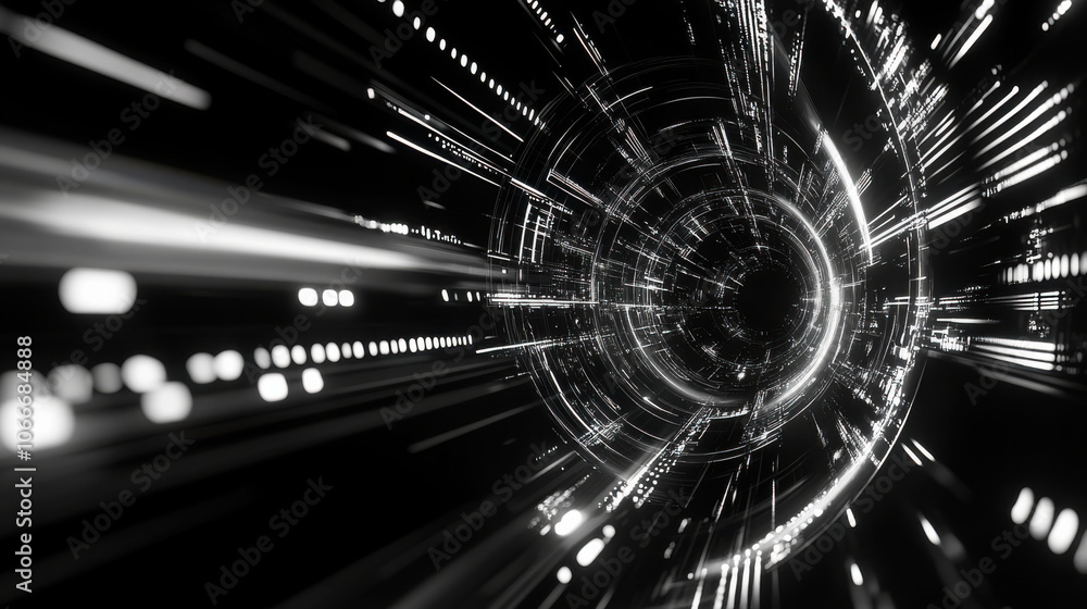 Poster futuristic vortex with flowing black and white light trails, creating sense of motion and depth. thi