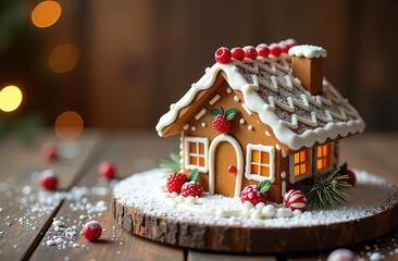 handmade Christmas gingerbread house decorated with star-shaped candies sits on a wooden table. Christmas tree lights in the background. Delicious cookies prepared for the holiday.