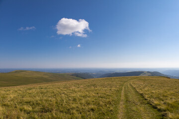 sentier de randonnée en été sur une montagne dans les Monts du Cantal