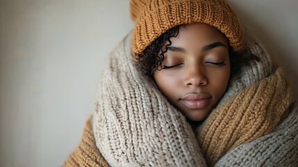 Young woman wrapped in a cozy knitted blanket and beanie, eyes closed, relaxed and peaceful expression.