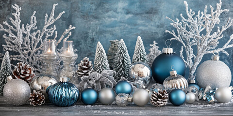 Elegant silver and blue Christmas decorations with a frosty winter backdrop
