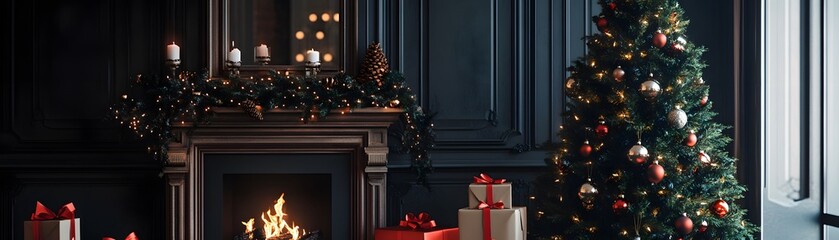 Christmas Tree, Fireplace, and Presents in a Luxurious Interior