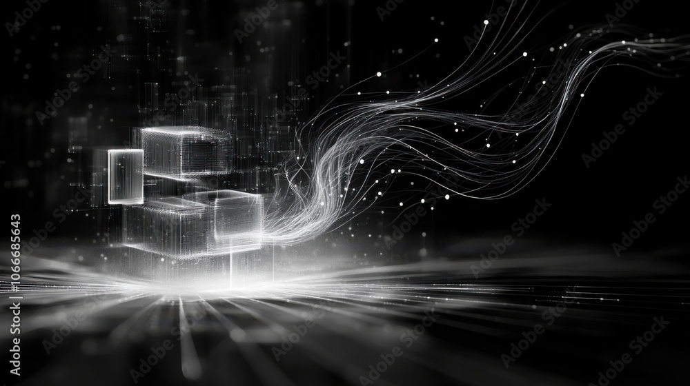 Poster digital representation of swirling cubes and flowing lines, creating mesmerizing vortex effect. inte
