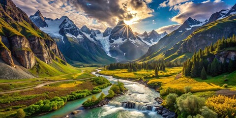 A Serene Valley Embraced by Majestic Mountain Peaks, Bathed in Golden Light from a Sun-Kissed Sky, Where a River Winds its Way Through a Landscape of Verdant Hills and Flowering Meadows