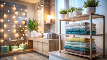 Clean and Organized Bathroom Shelving Unit with Stacked Towels, Ideal for Home Decor and Wellness Spaces, Featuring Copy Space for Personalization and Branding