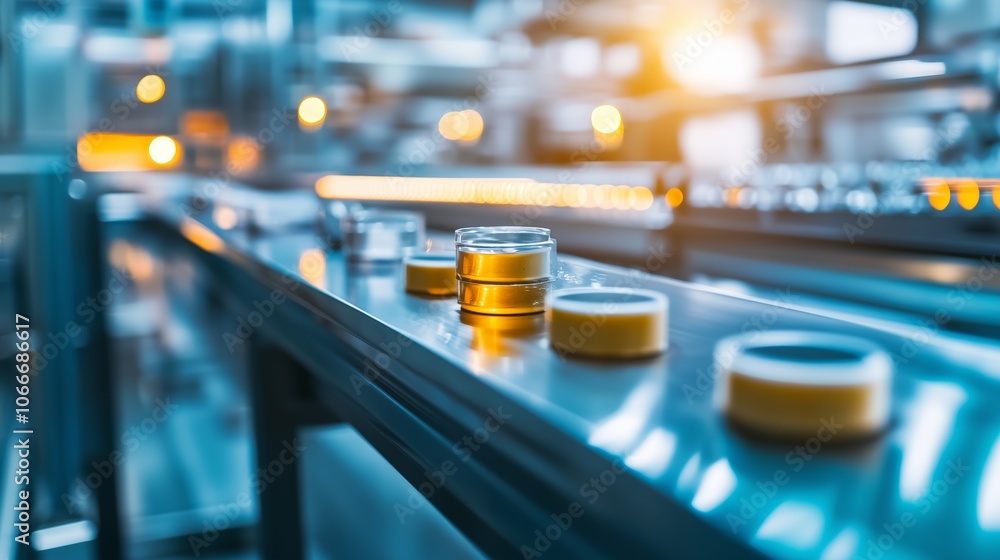 Poster beverage bottling process on an assembly line with glass jars and yellow caps in a factory setting d