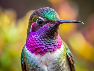 Obraz premium Close-Up of a Costa's Hummingbird in Vibrant Detail, Capturing Its Iridescent Plumage and Unique Features Against a Soft Natural Background