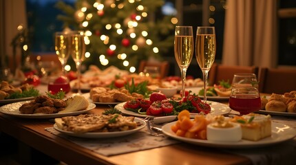 The New Year's table with meat and fish dishes is set in honor of Christmas against the backdrop of a New Year's tree in garlands. Glasses of champagne on the table among the dishes.