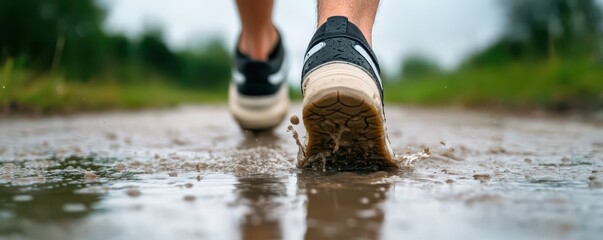Dynamic runner splashing through a puddle, capturing the joy of movement and the thrill of adventure.