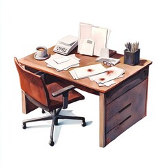 Office desk scene with papers and coffee.
