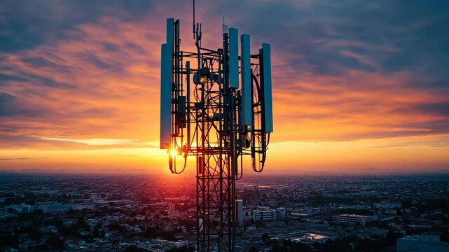 A tall cell tower stands against a vibrant sunset, overlooking a cityscape