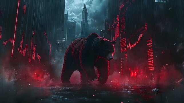 Grizzly's Wall Street Rampage: A stormy night, red market data illuminates a bear's determined trek.