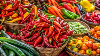 Close-Up of Fresh and Vibrant Chilli Peppers at a Traditional Market, Showcasing Their Rich Colors and Textures for a Culinary Delight and Local Culture Experience