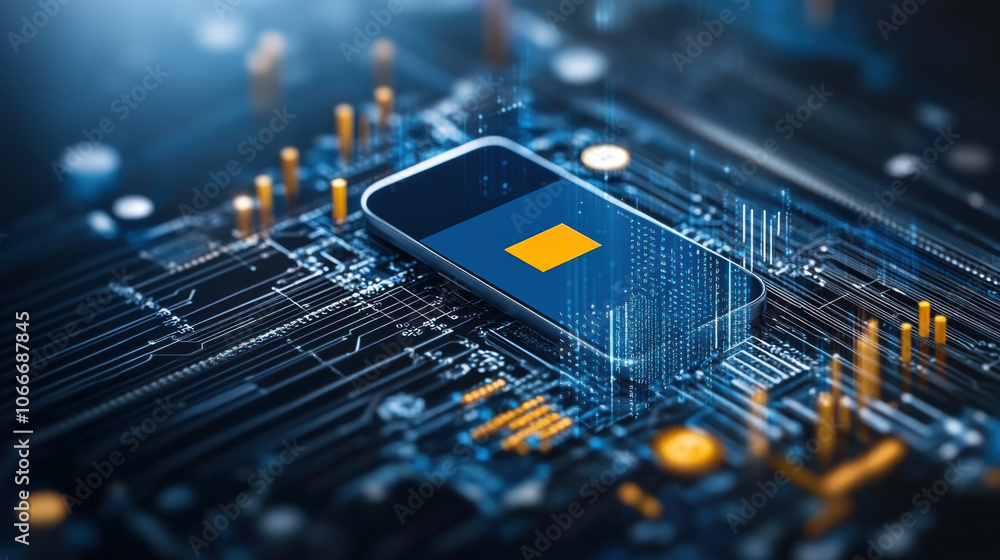 Poster smartphone on circuit board with digital elements, symbolizing technology and innovation. image conv