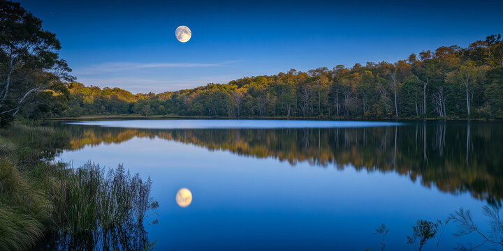 A tranquil lake reflecting a full moon, creating a serene atmosphere that captures the essence of magical moments