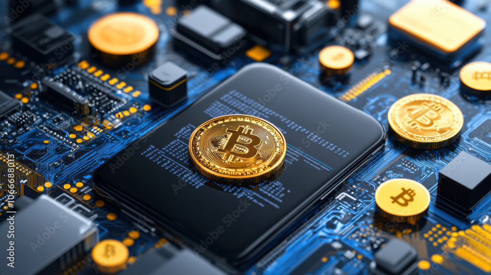 Poster digital currency concept with bitcoin on circuit board