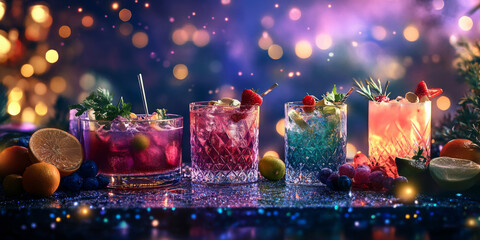 A stylish bar setup with colorful cocktails, garnishes, and a backdrop of shimmering lights for a festive atmosphere