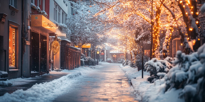A peaceful winter evening scene of a quiet street adorned with snow and festive lights, creating a tranquil atmosphere