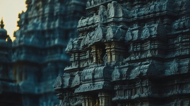 A close-up of the decorative carvings on the exterior of the Chennakesava Temple in Belur, showcasing the intricate details that reflect ancient craftsmanship