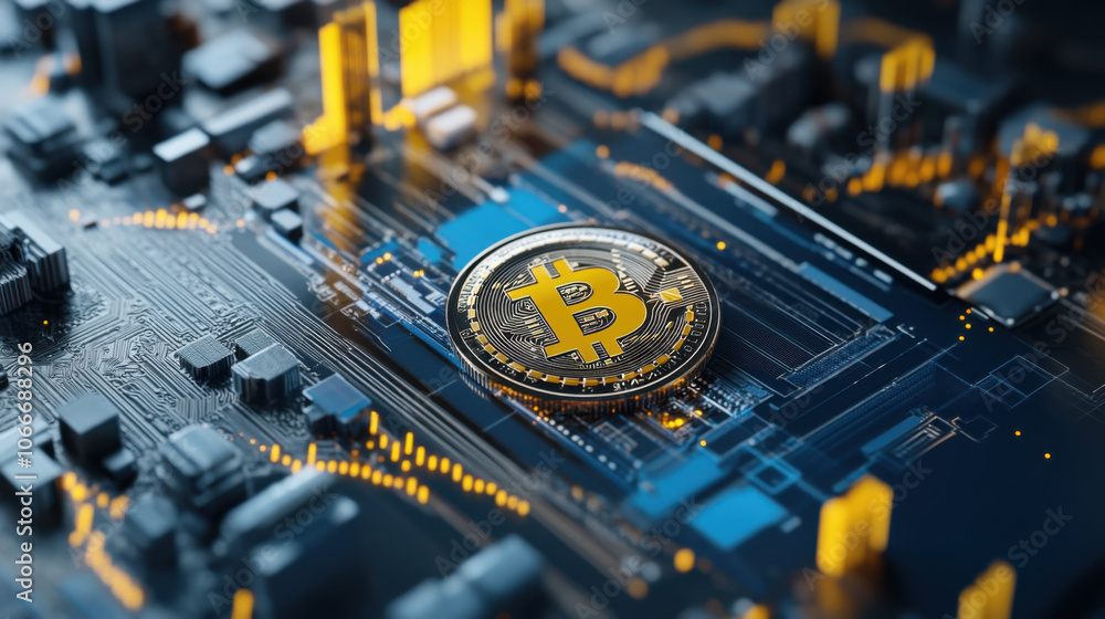 Poster digital currency concept featuring bitcoin on circuit board, symbolizing technology and finance. ima