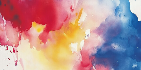 Abstract watercolor splash background in vibrant hues of red, blue, and yellow, creating a lively and artistic feel