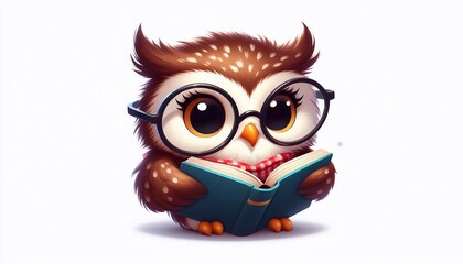 Fototapeta premium Adorable owl reading - funny wise bird in glasses holding a book on a white background
