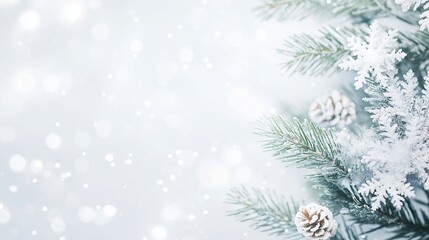 Snowy pine branches with pinecones on white background. Christmas and New Year celebration concept. Image for banner, card and holiday greetings with copy space.