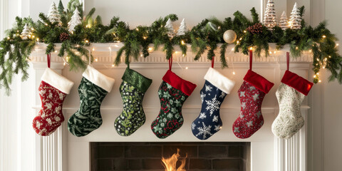 Fototapeta premium A decorated mantelpiece with holiday stockings, evergreen garland, and twinkling lights