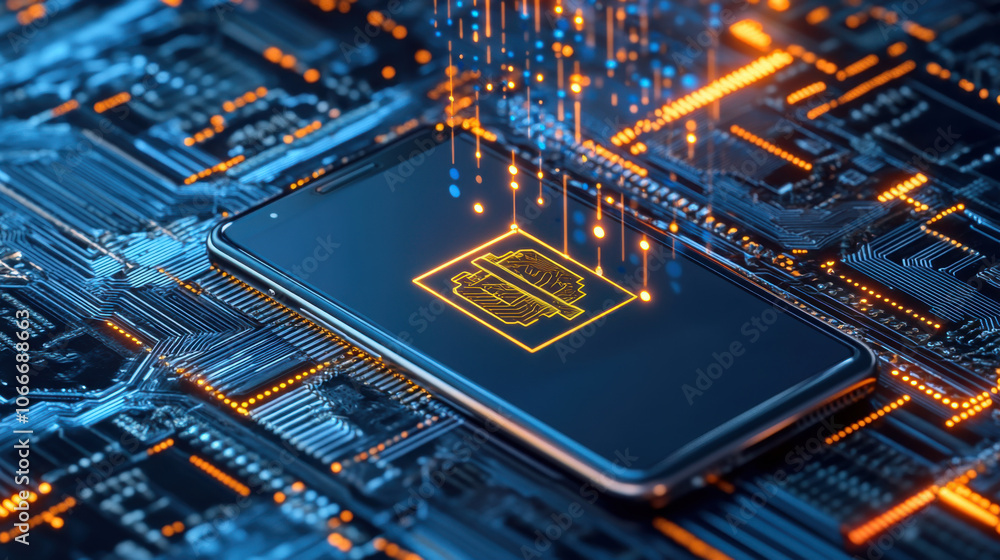 Aufkleber smartphone on circuit board with glowing elements and digital effects, symbolizing technology and in
