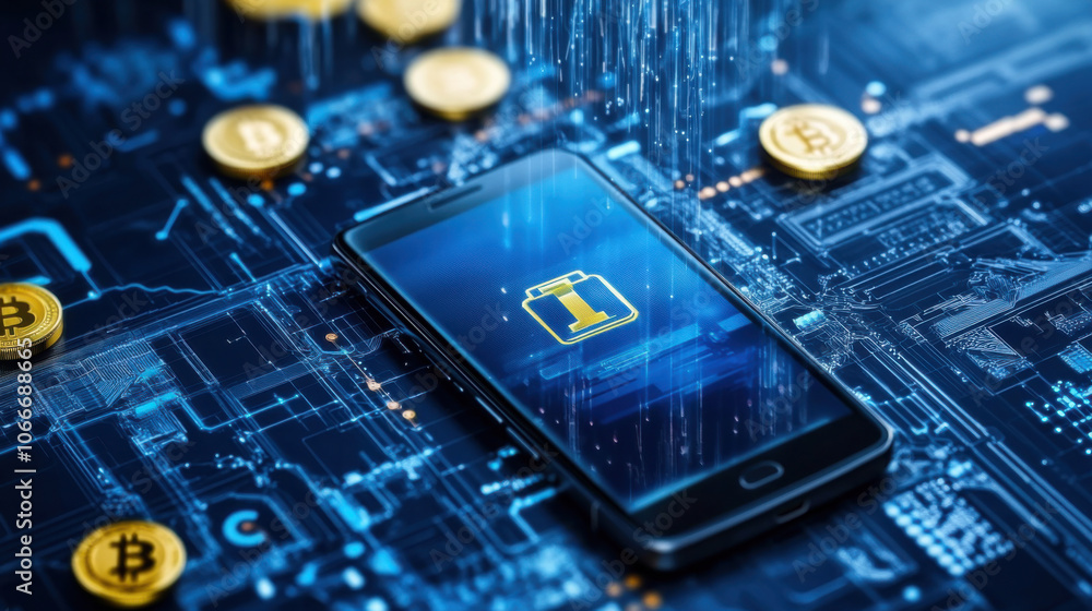 Poster smartphone displaying battery icon on digital background with coins. image conveys themes of technol