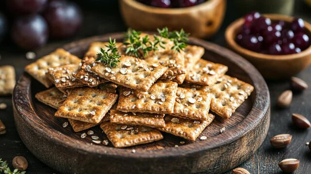 A plate of crackers with a sprig of thyme sits on a dark table with some fruit and nuts scattered around