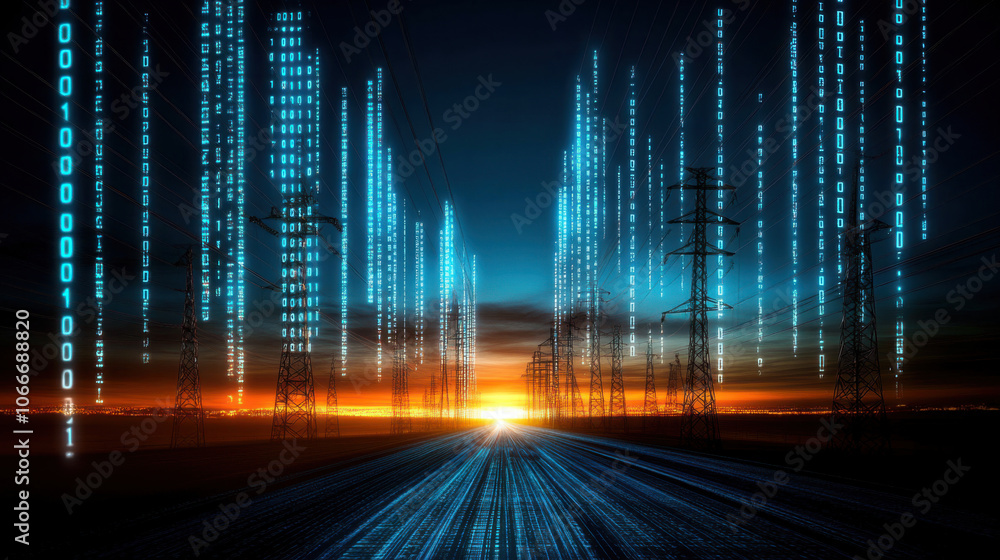Poster electric energy concept with high voltage towers and binary code, showcasing fusion of technology an