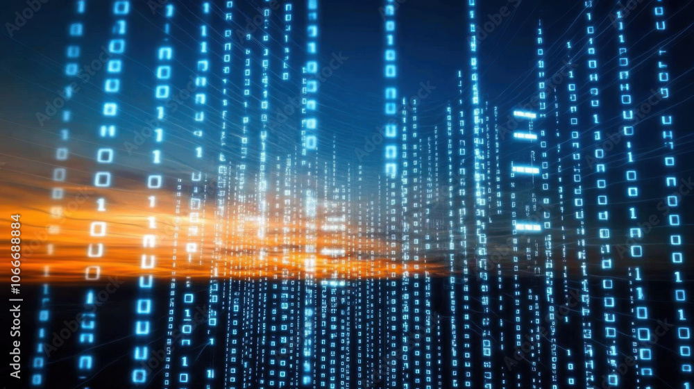 Poster digital landscape featuring binary code cascading against sunset backdrop, symbolizing technology an