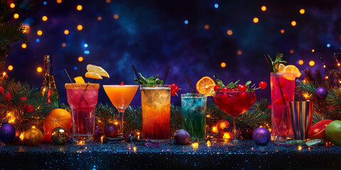 A stylish bar setup with colorful cocktails, garnishes, and a backdrop of shimmering lights for a festive atmosphere