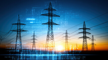 Electric energy concept with high voltage towers against sunset backdrop, showcasing intersection of technology and power generation