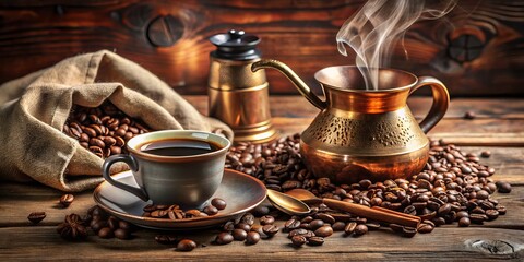 Closeup of Coffee Beans and Copper Turk on a Napkin with Black Coffee Cup, Spoon, and Saucer on Light Wooden Table - Perfect for Coffee Lovers and Candid Photography Enthusiasts